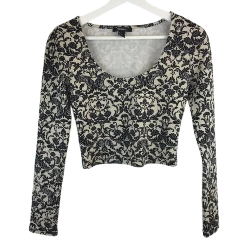 Forever 21 Cropped Top with Long Sleeves, Floral Damask in Cream & Black - Small